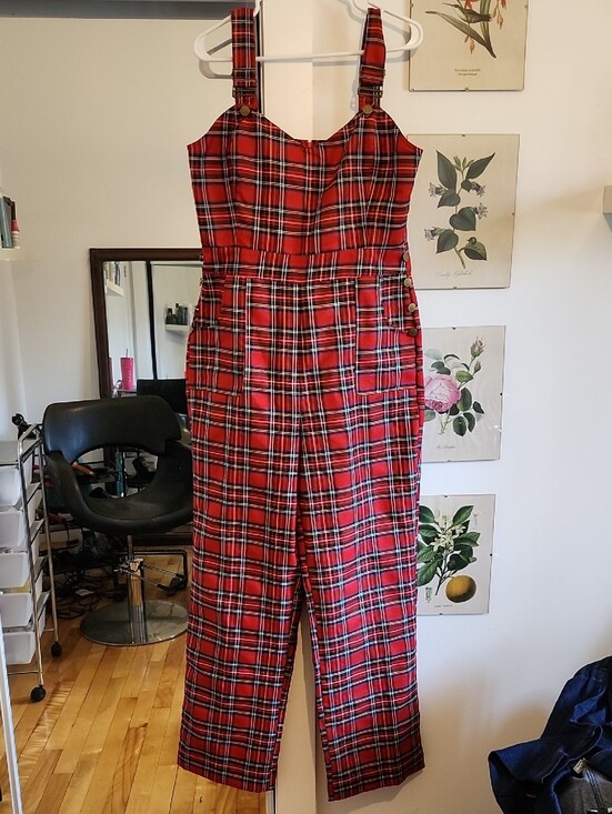 Unique Vintage Pants - NWOT Unique Vintage Red Plaid Jumpsuit with Buckle Straps Size L (12-14)